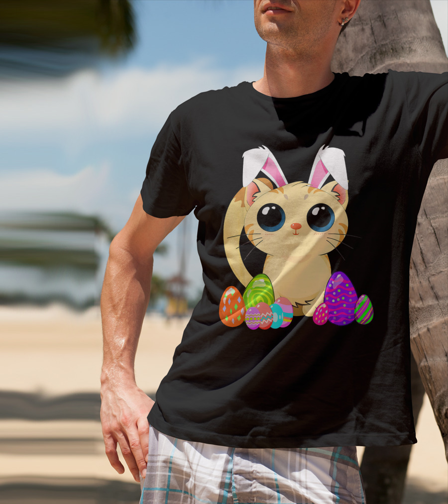 Cute Easter Cat Holiday Bunny Ears With Colorful Eggs T-Shirt
