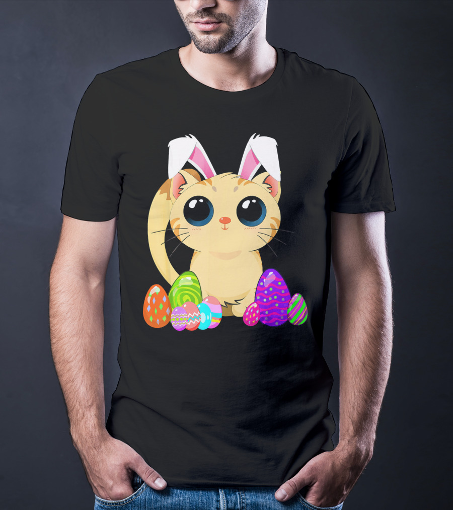 Cute Easter Cat Holiday Bunny Ears With Colorful Eggs T-Shirt
