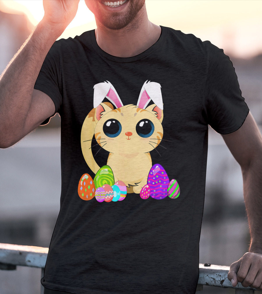 Cute Easter Cat Holiday Bunny Ears With Colorful Eggs T-Shirt