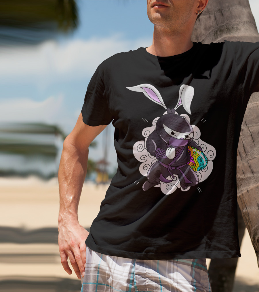 Easter Bunny Ninja Holding Colorful Egg In Cute Little Egg Hunt Scene T-Shirt