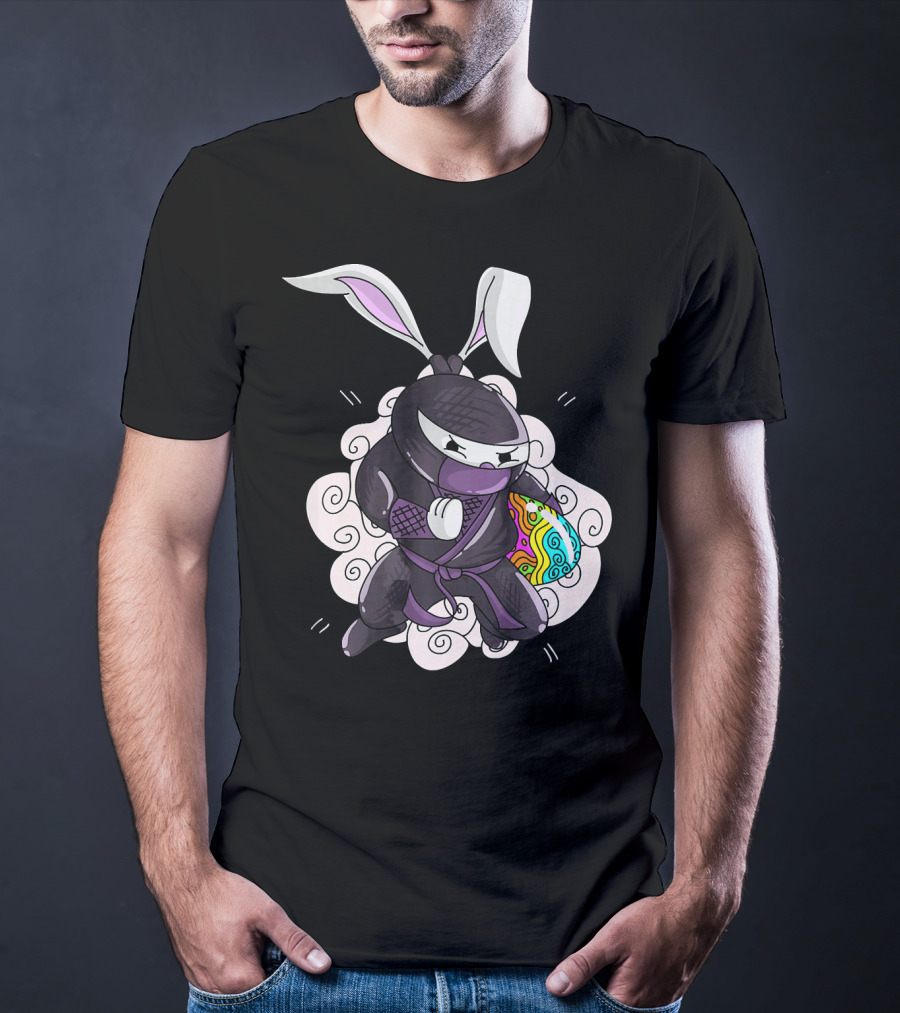 Easter Bunny Ninja Holding Colorful Egg In Cute Little Egg Hunt Scene T-Shirt