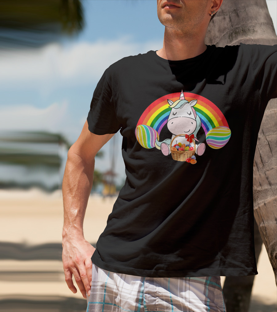 Unicorn Easter With Rainbow And Basket Of Eggs T-Shirt