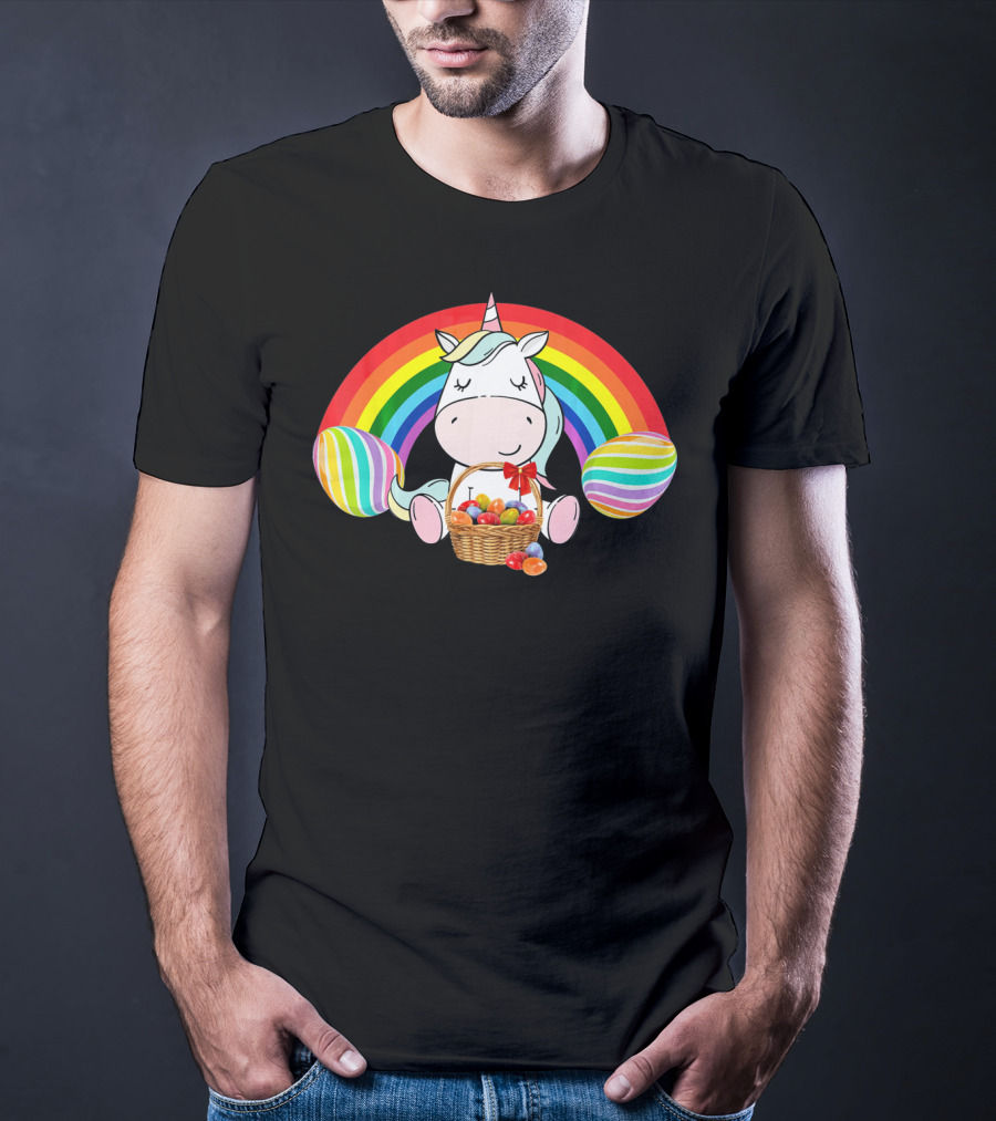 Unicorn Easter With Rainbow And Basket Of Eggs T-Shirt