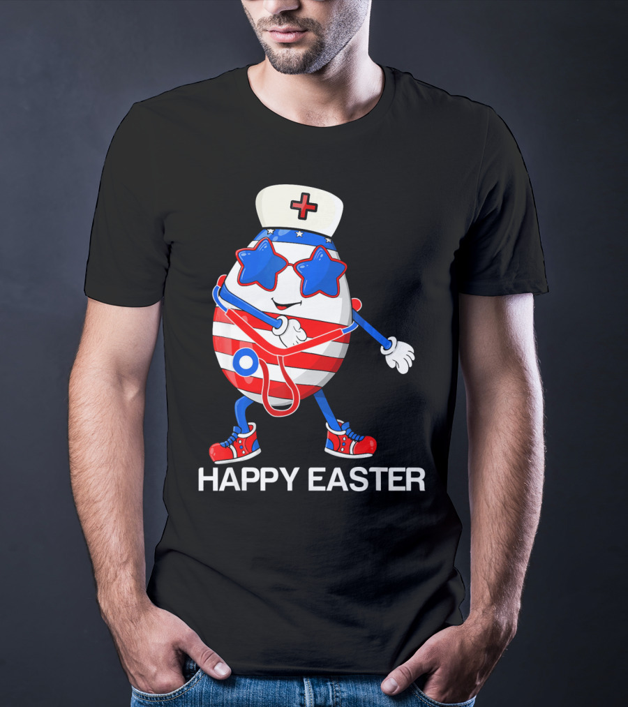 Happy Easter Flossing Egg With Stethoscope Nurse Hat And Stars T-Shirt