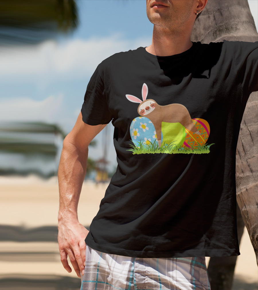 Funny Sloth Easter Day Bunny Ear Egg Decorated T-Shirt