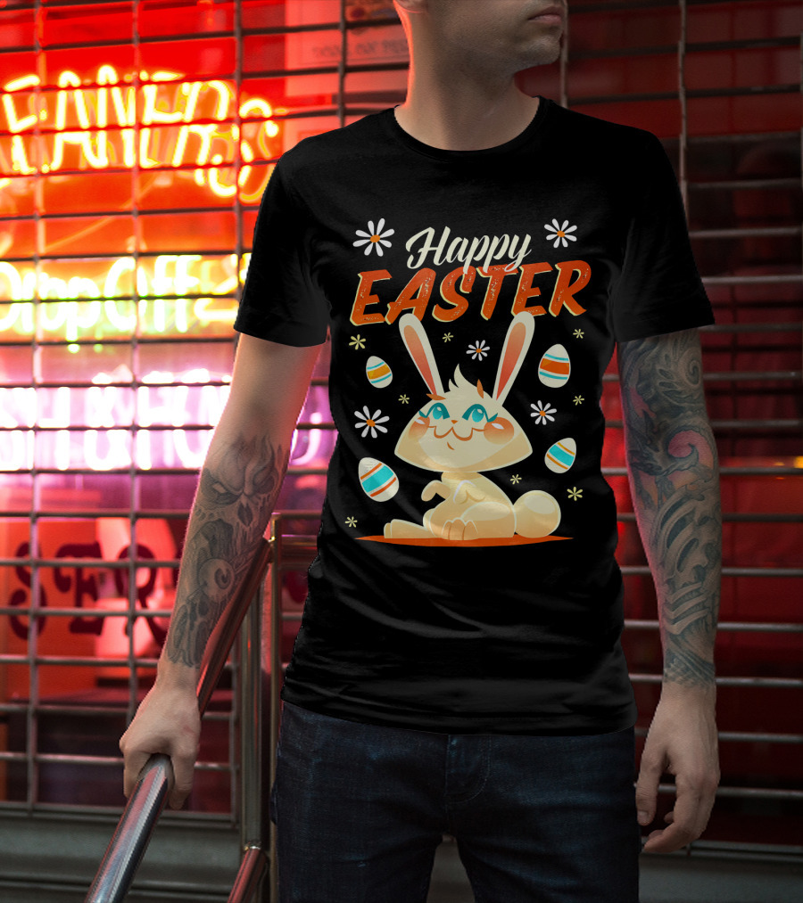 Happy Easter Bunny Surrounded By Colorful Eggs And Daisies T-Shirt