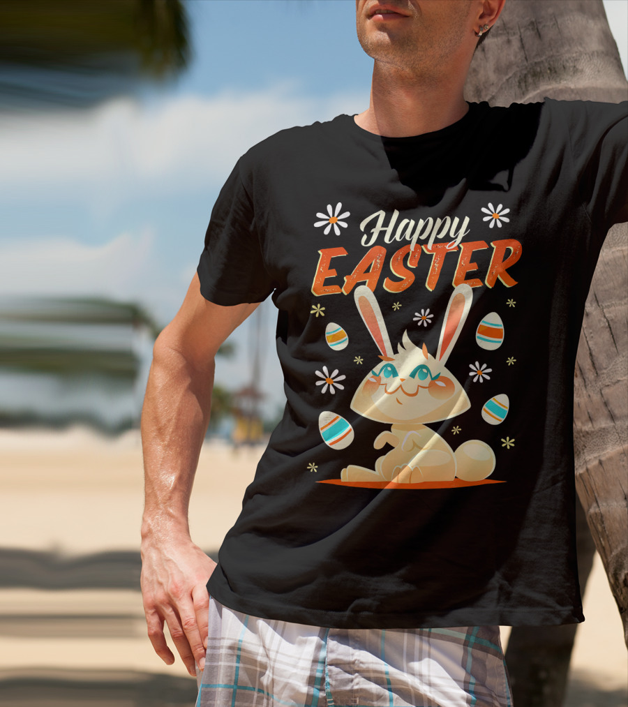 Happy Easter Bunny Surrounded By Colorful Eggs And Daisies T-Shirt