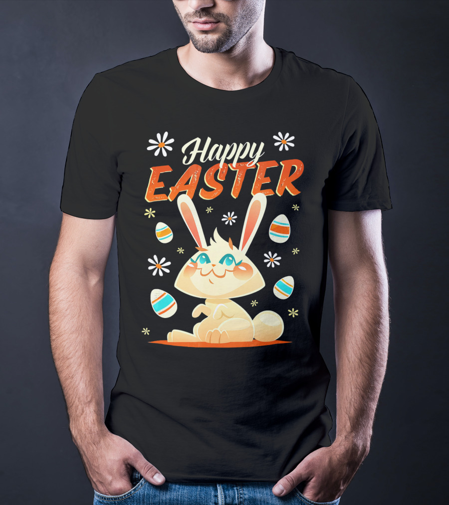 Happy Easter Bunny Surrounded By Colorful Eggs And Daisies T-Shirt