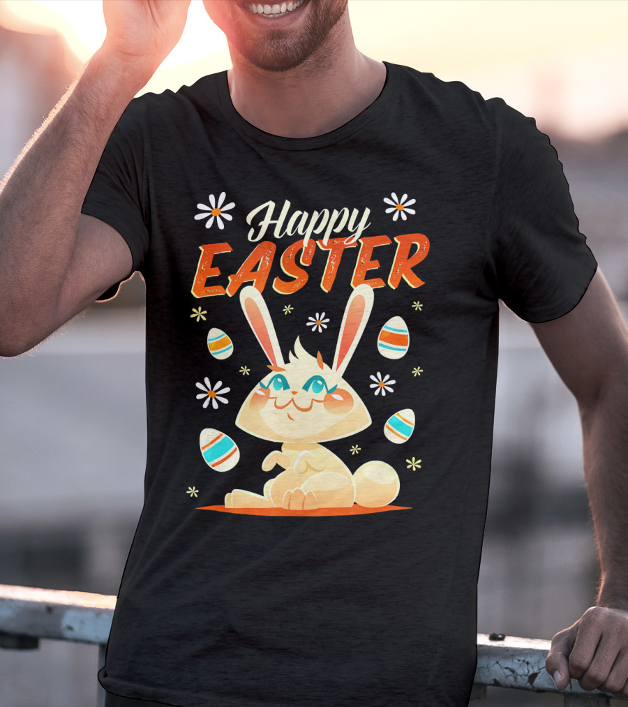 Happy Easter Bunny Surrounded By Colorful Eggs And Daisies T-Shirt