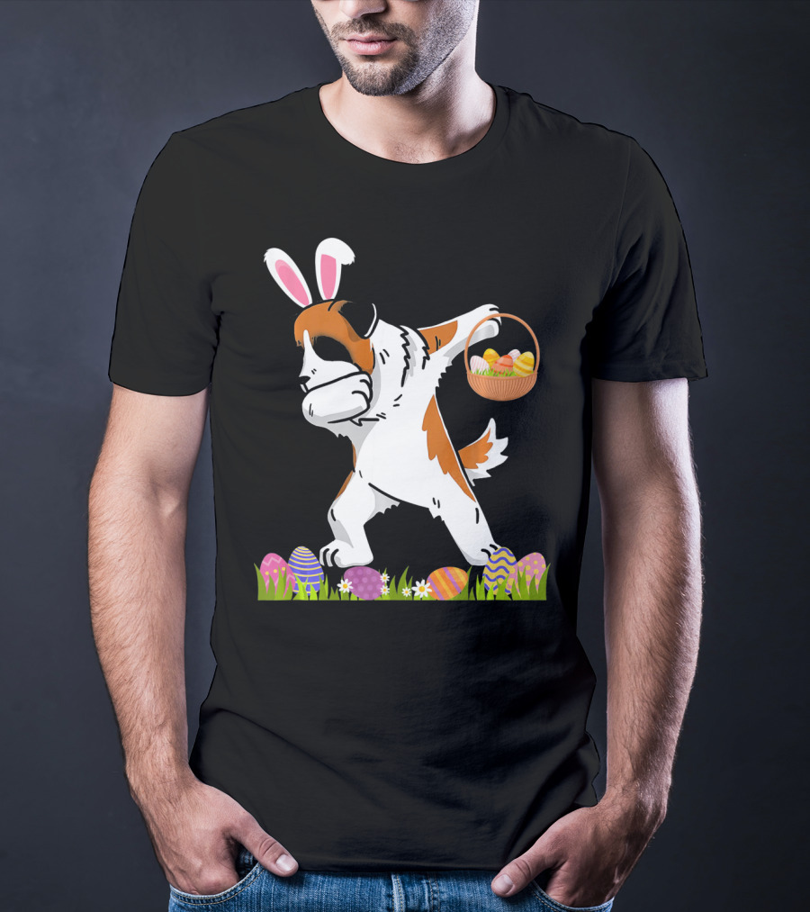 Funny Saint Bernard Dog Dabbing With Easter Bunny Ears And Basket Of Eggs T-Shirt