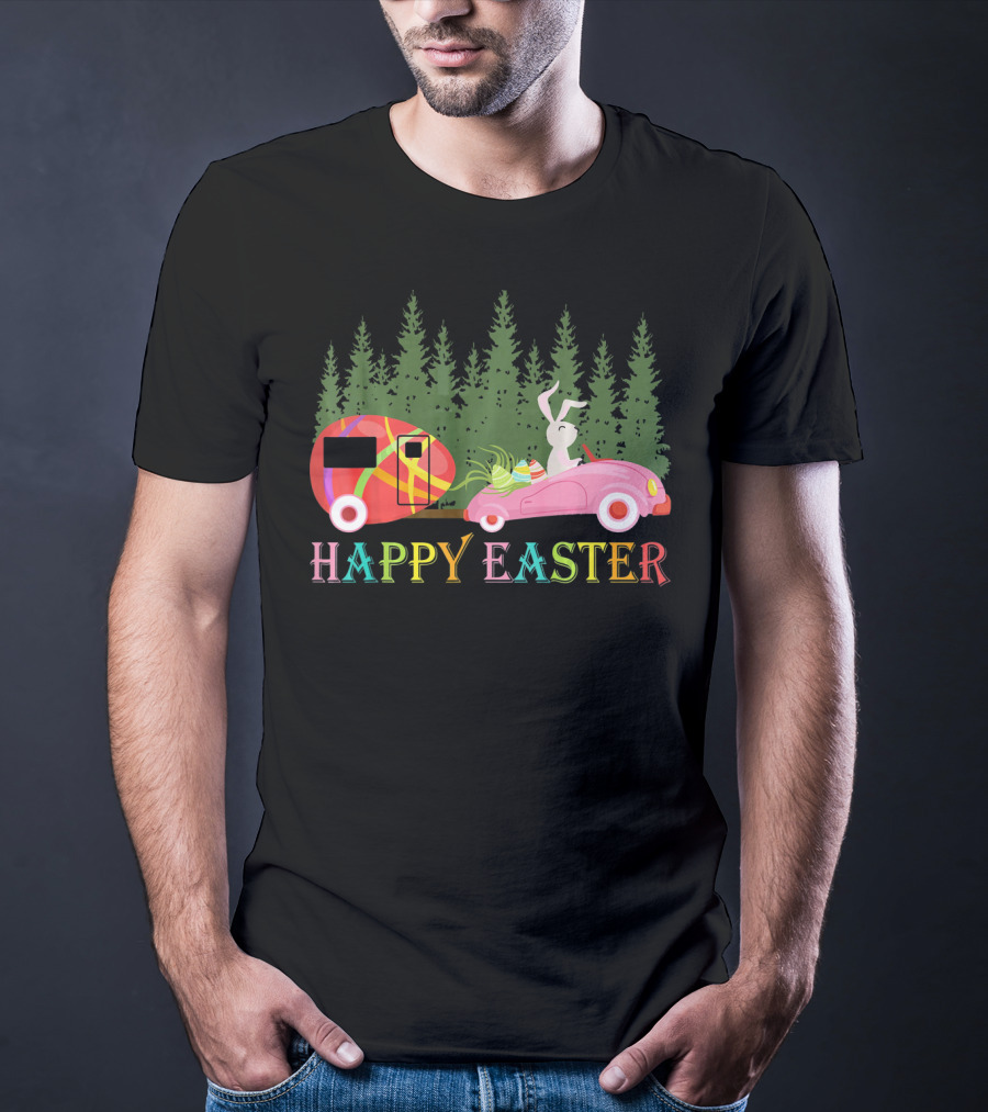 Happy Easter Day Bunny With Egg Camper And Car In Forest T-Shirt