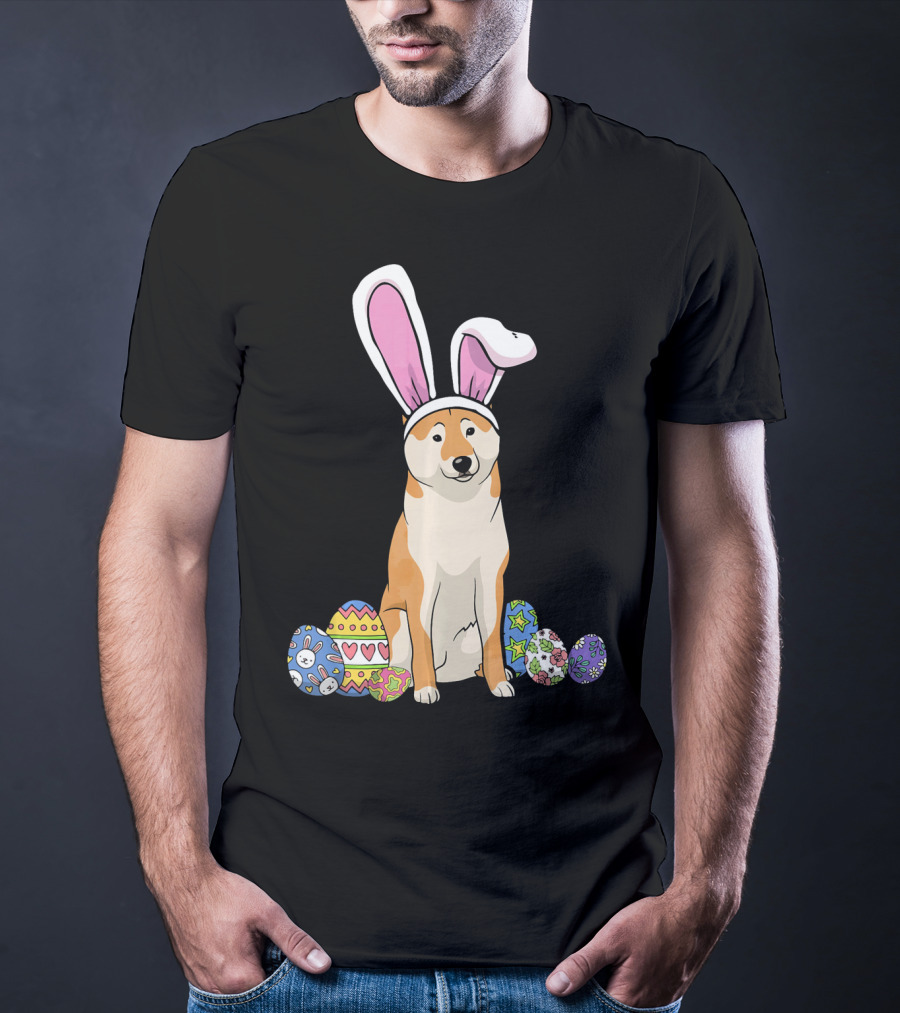 Shiba Inu With Bunny Ears And Colorful Easter Eggs T-Shirt