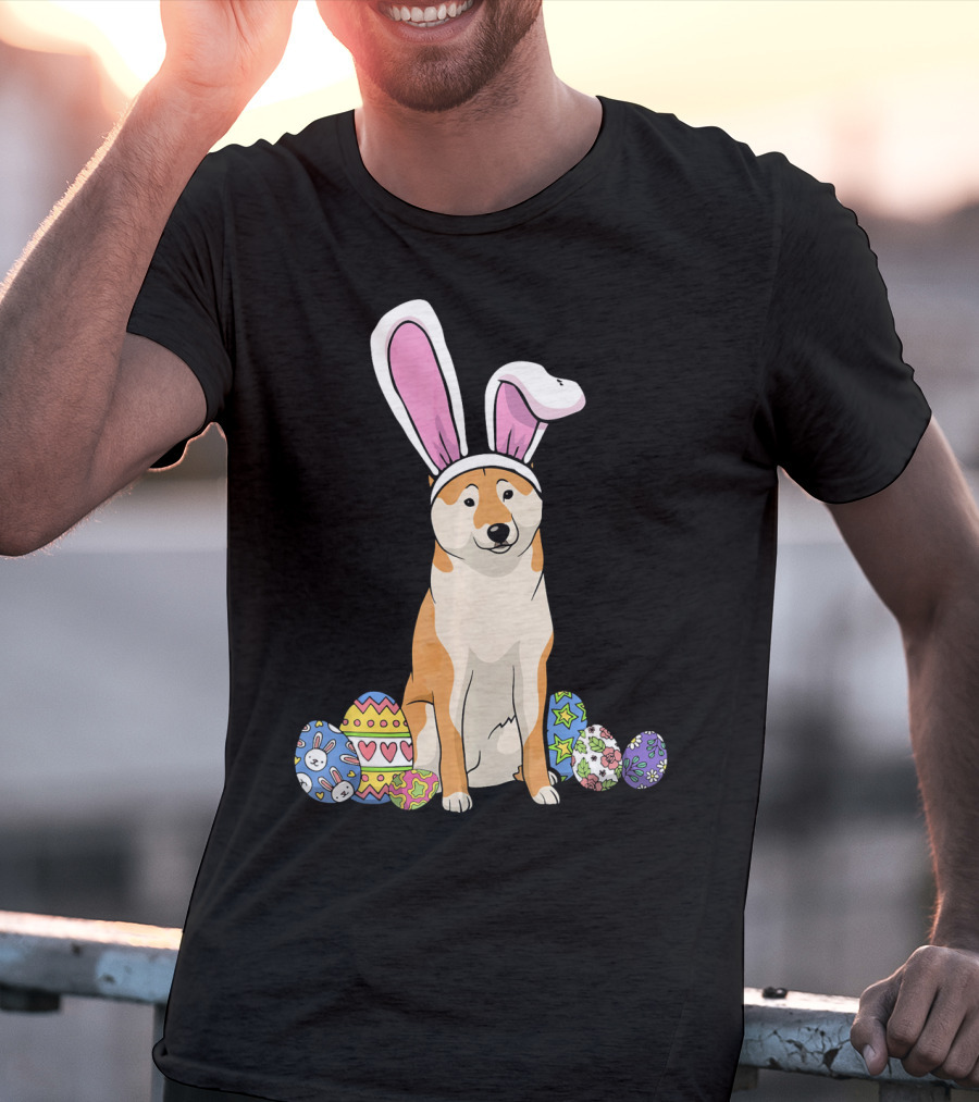 Shiba Inu With Bunny Ears And Colorful Easter Eggs T-Shirt
