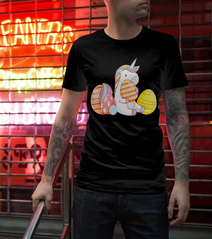 Unicorn Bunny Hugging Colorful Easter Eggs T-Shirt