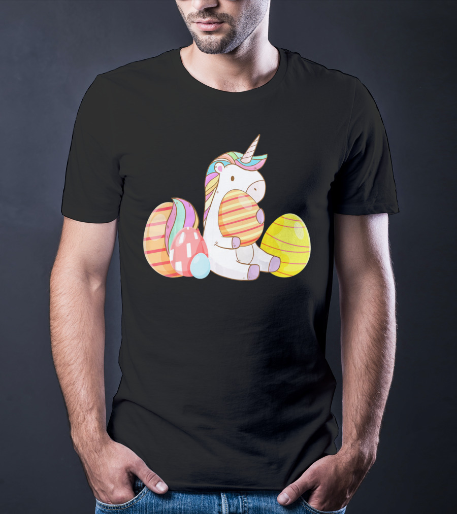 Unicorn Bunny Hugging Colorful Easter Eggs T-Shirt