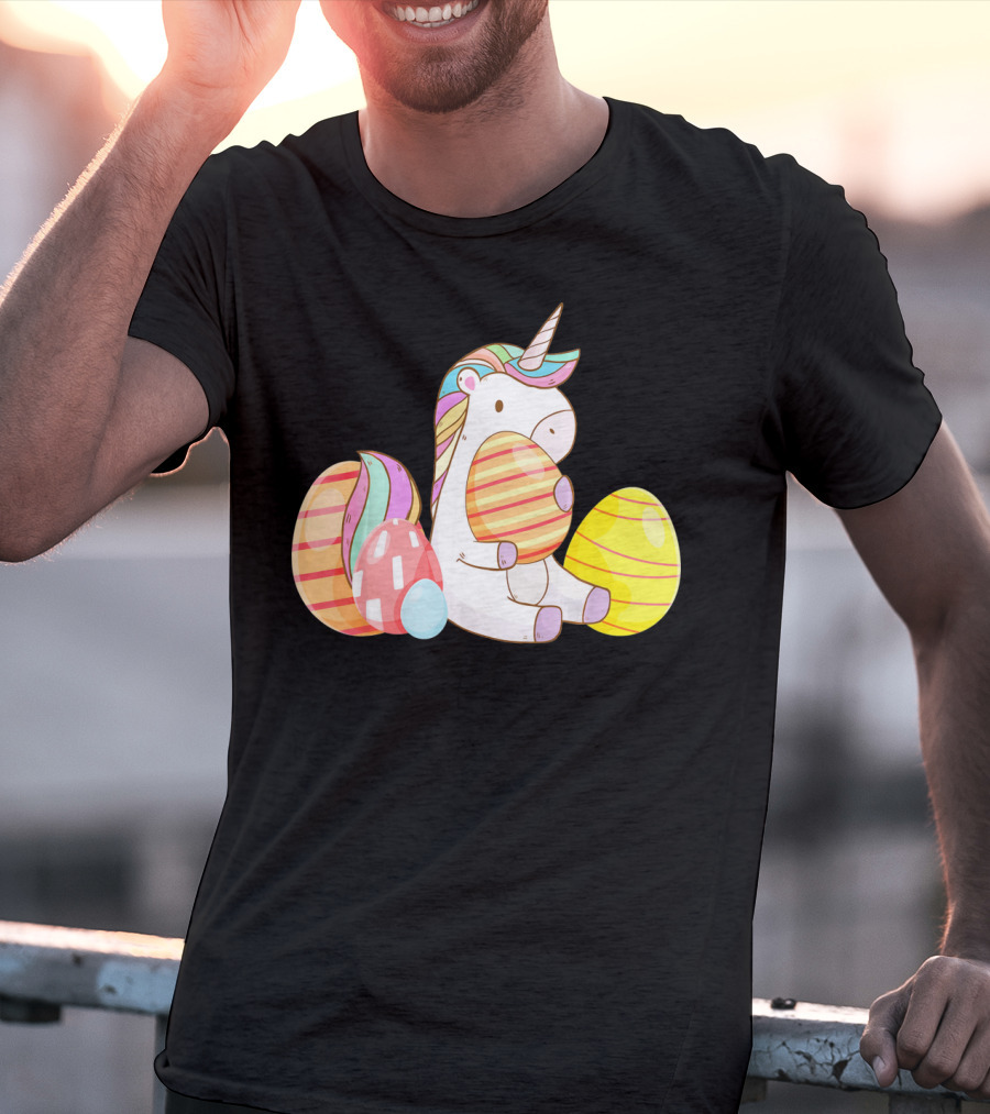 Unicorn Bunny Hugging Colorful Easter Eggs T-Shirt