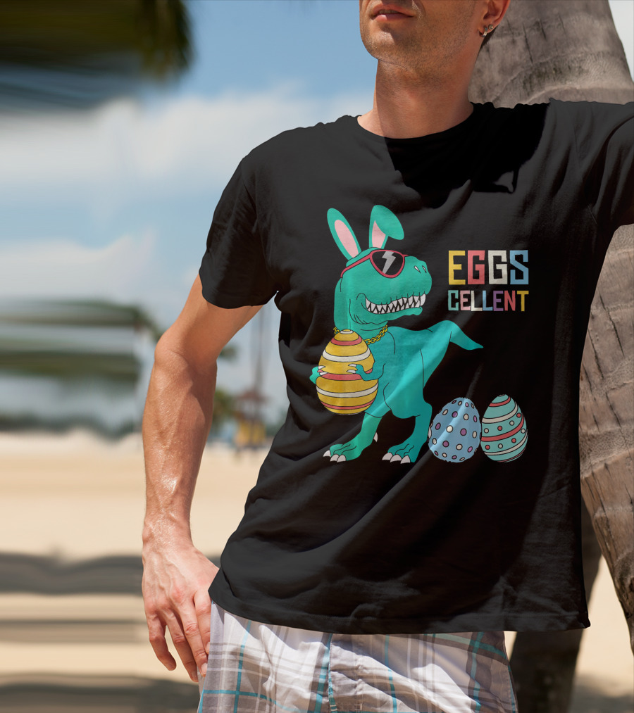 Easter Dinosaur Eggs Cellent T-Rex With Sunglasses And Striped Polka Dot Eggs T-Shirt