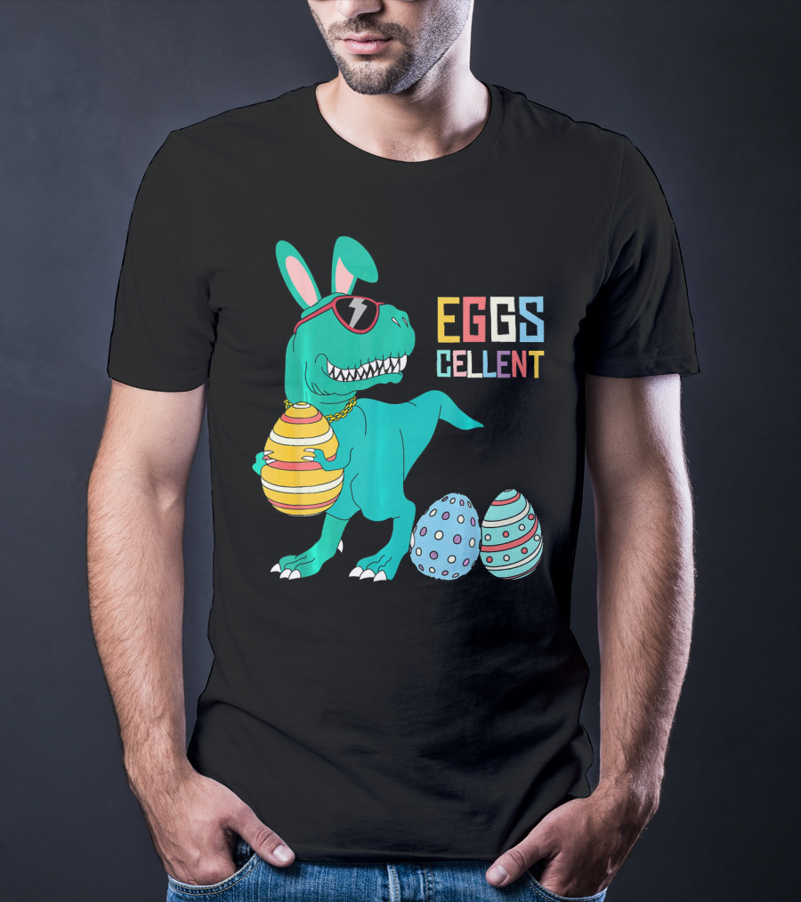 Easter Dinosaur Eggs Cellent T-Rex With Sunglasses And Striped Polka Dot Eggs T-Shirt