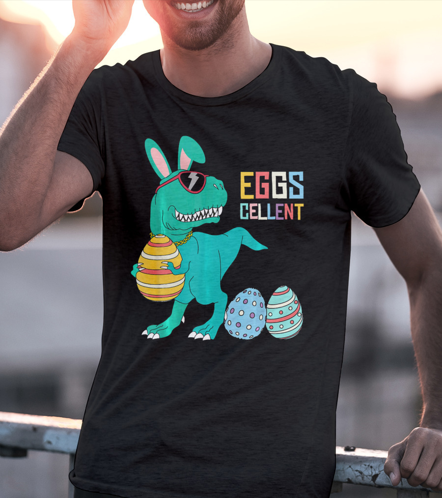 Easter Dinosaur Eggs Cellent T-Rex With Sunglasses And Striped Polka Dot Eggs T-Shirt