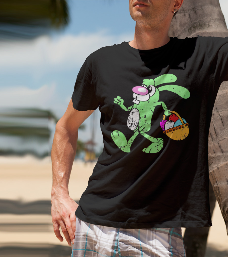 Retro Vintage Grunge Easter Bunny With Colorful Egg Basket T-Shirt