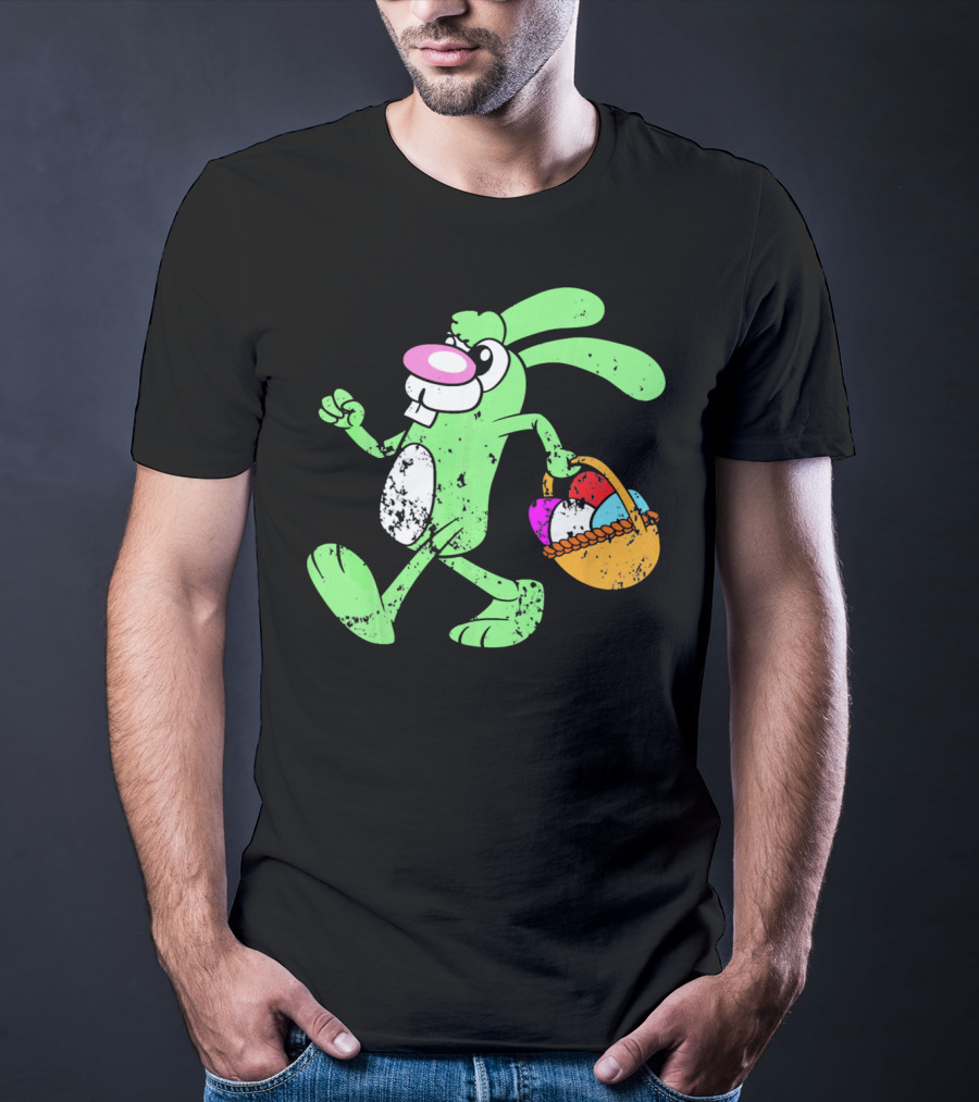 Retro Vintage Grunge Easter Bunny With Colorful Egg Basket T-Shirt