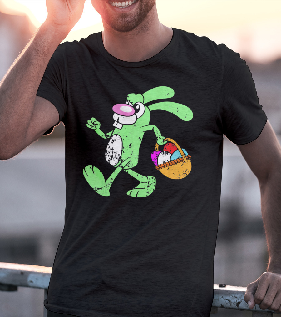 Retro Vintage Grunge Easter Bunny With Colorful Egg Basket T-Shirt