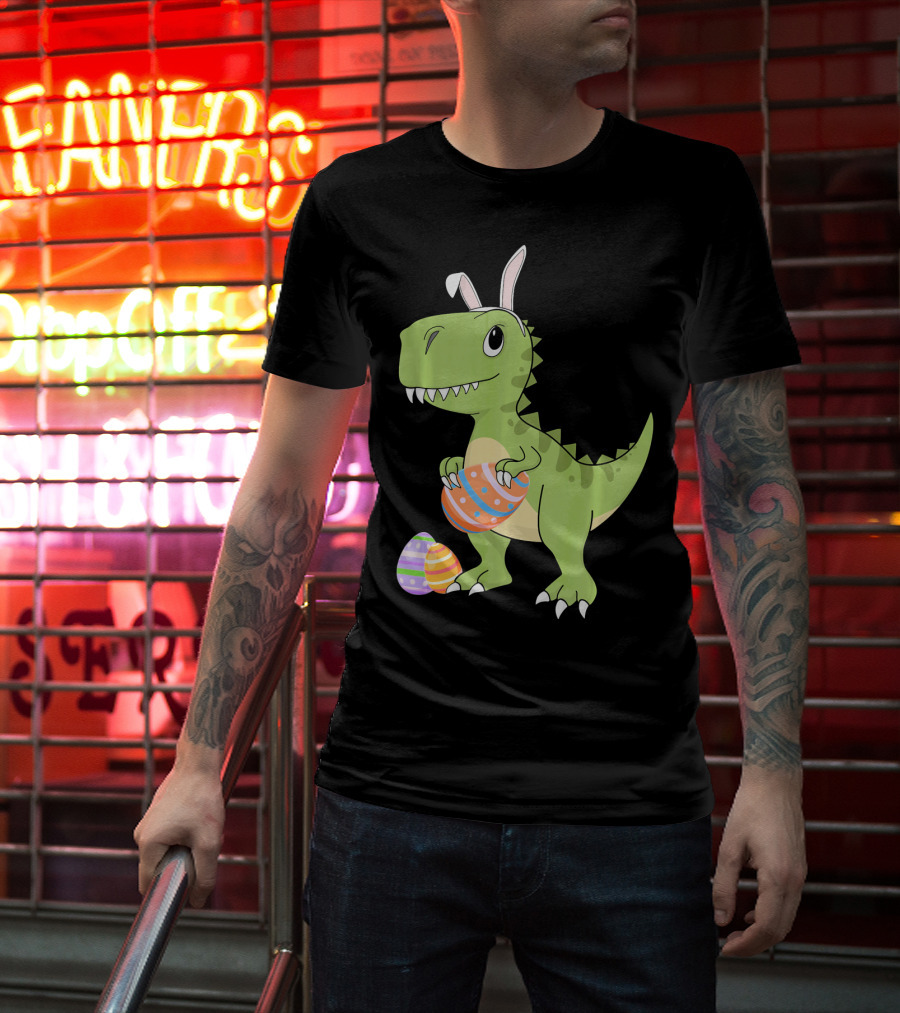 Easter Dinosaur Kids T-Rex With Bunny Ears Holding Colorful Eggs T-Shirt