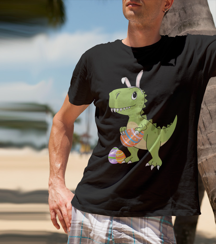 Easter Dinosaur Kids T-Rex With Bunny Ears Holding Colorful Eggs T-Shirt
