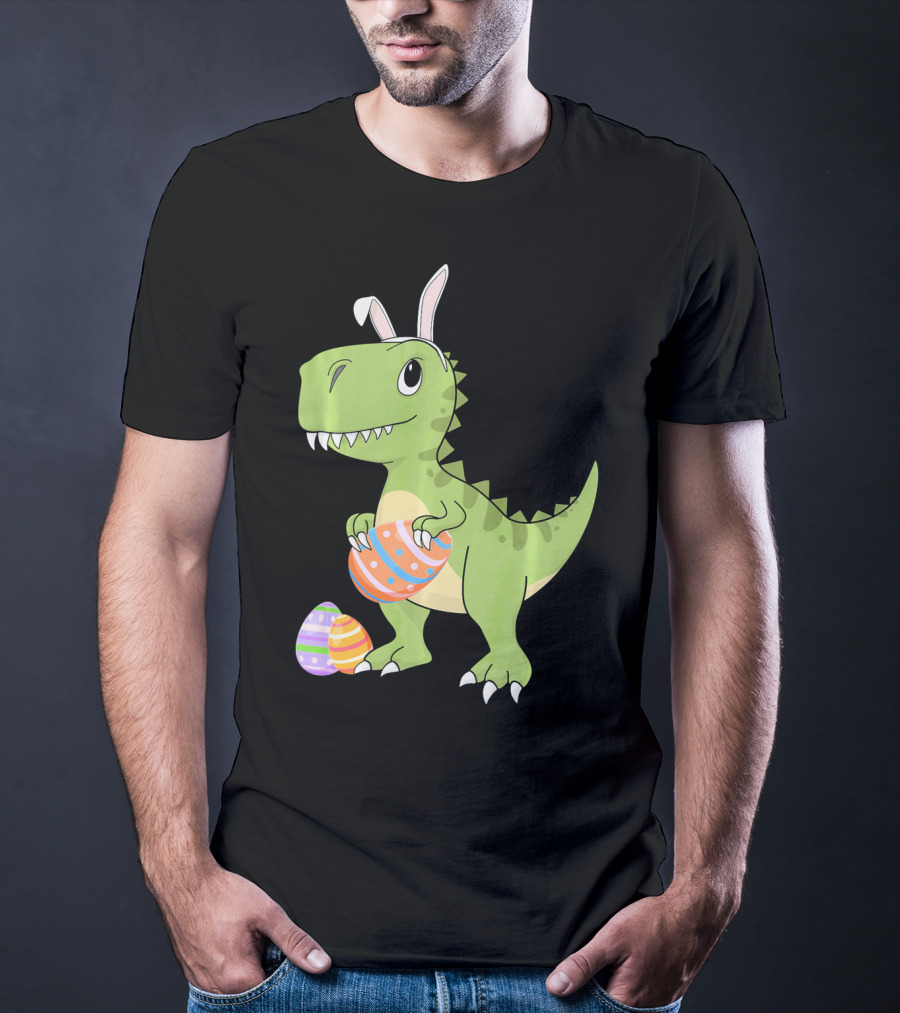 Easter Dinosaur Kids T-Rex With Bunny Ears Holding Colorful Eggs T-Shirt