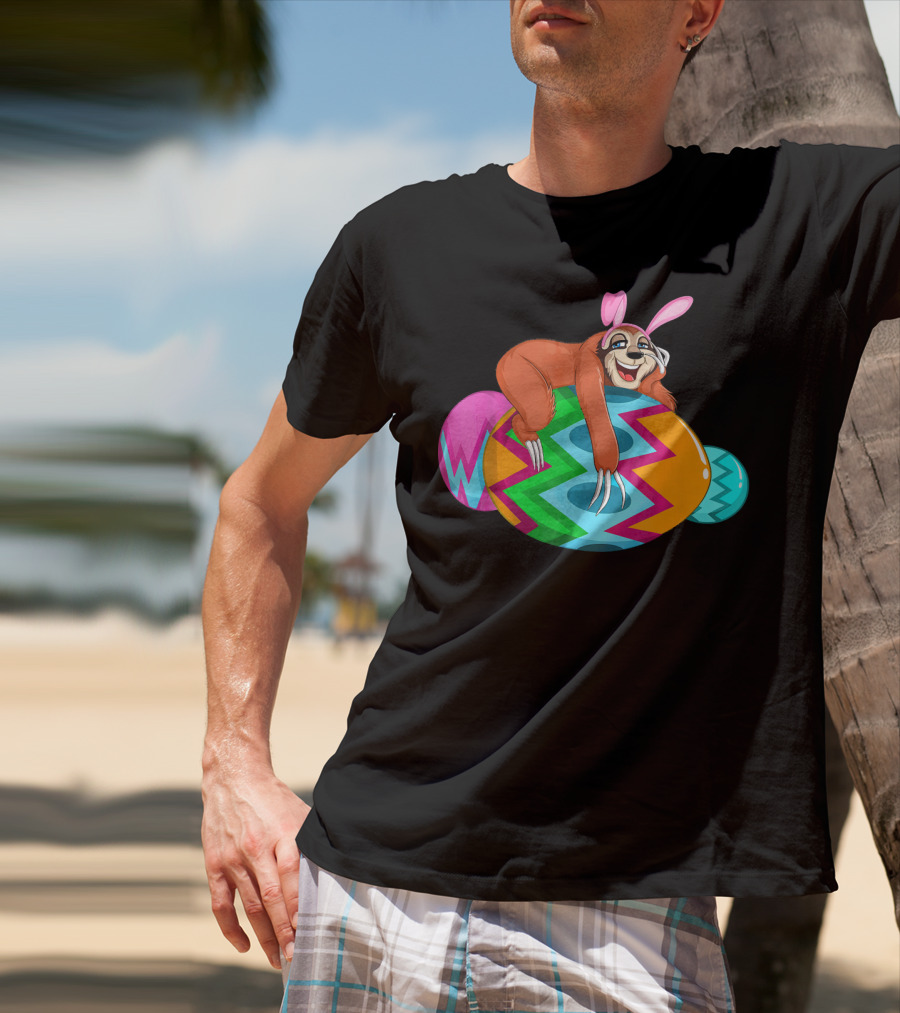 Cool Lazy Sloth Bunny On Colorful Easter Egg Hunt T-Shirt