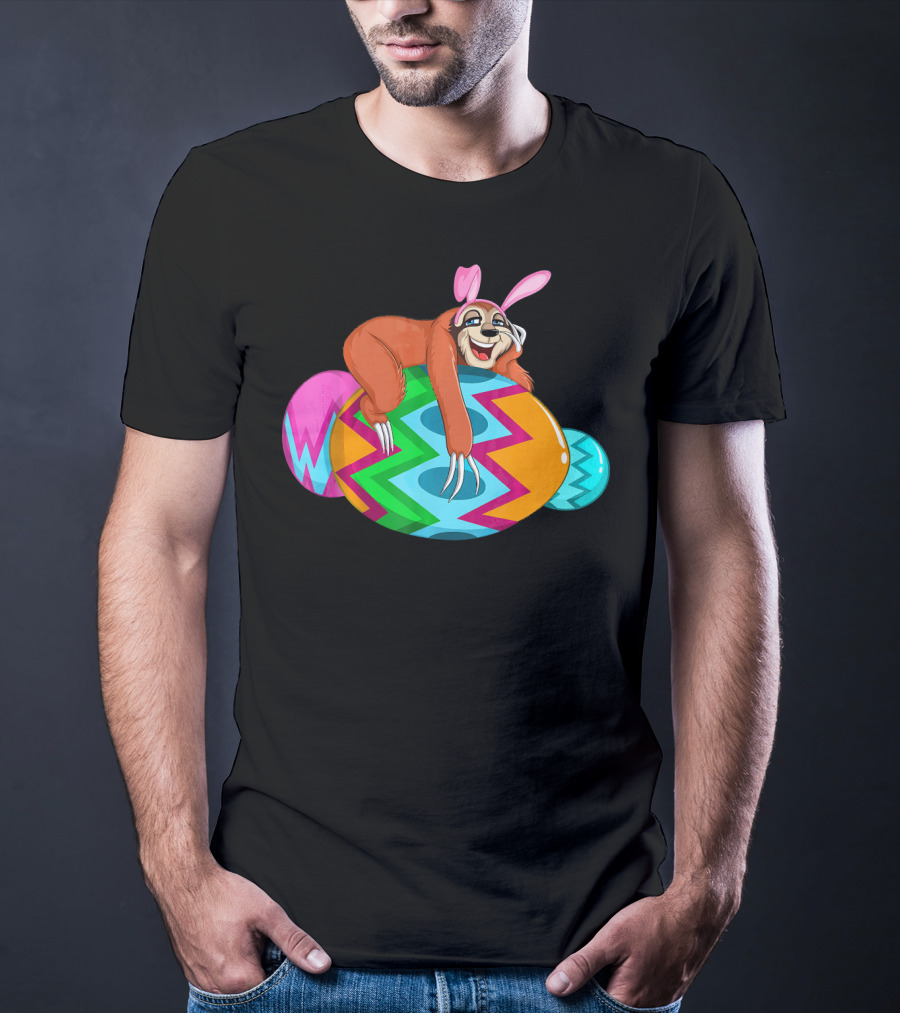 Cool Lazy Sloth Bunny On Colorful Easter Egg Hunt T-Shirt