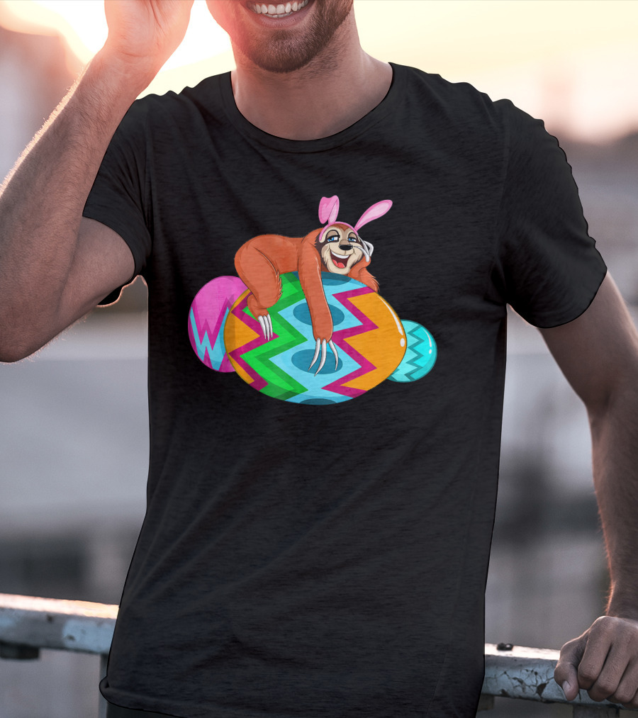Cool Lazy Sloth Bunny On Colorful Easter Egg Hunt T-Shirt