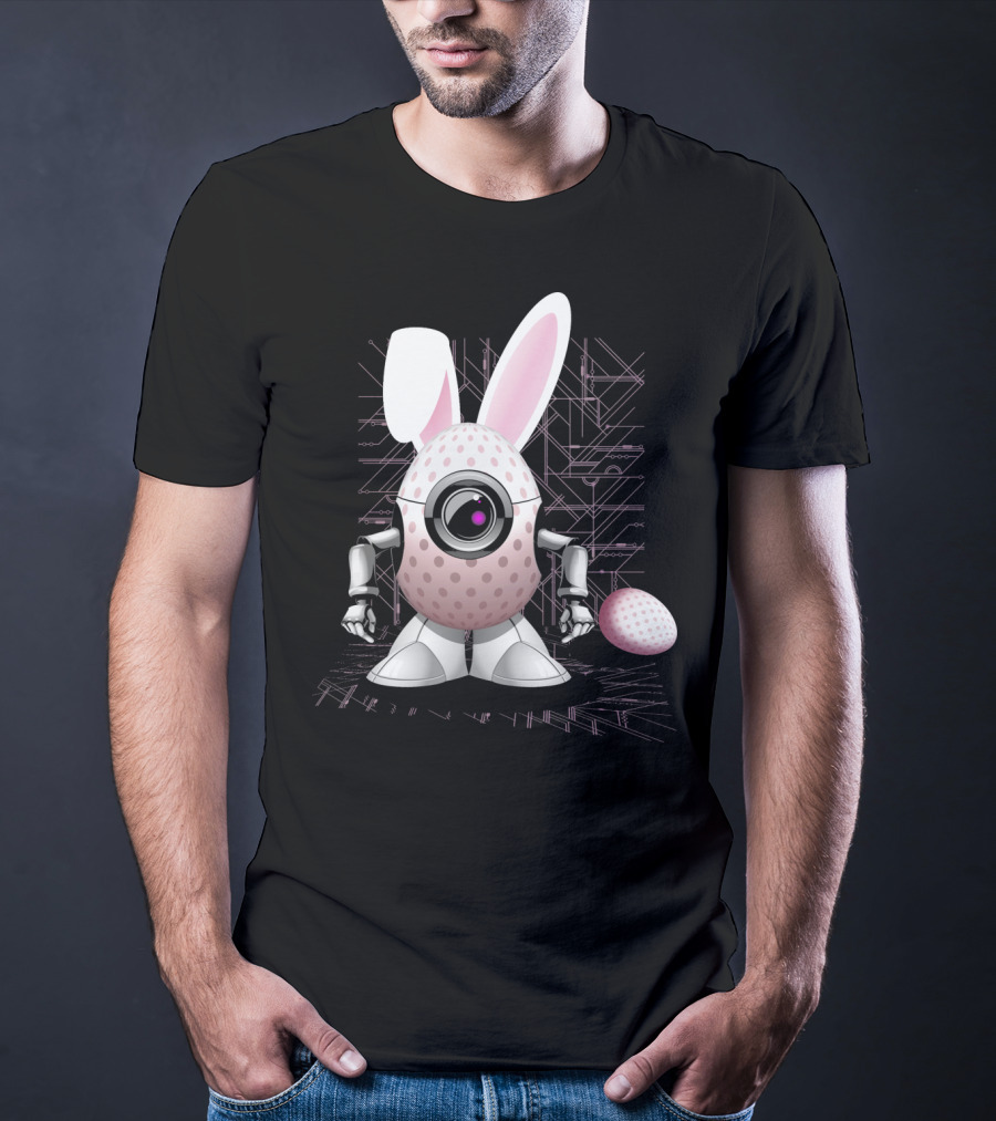 Happy Easter Bunny Robot Egg With Camera Eye And Circuit Background T-Shirt