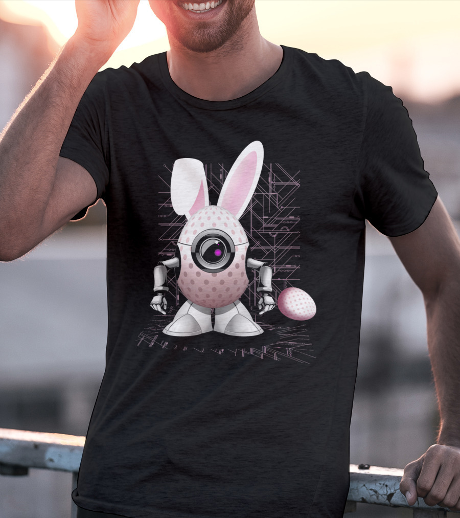 Happy Easter Bunny Robot Egg With Camera Eye And Circuit Background T-Shirt