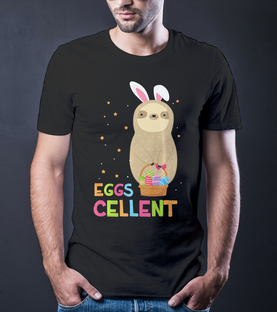 Sloth In Bunny Ears Holding Easter Eggs Cellent Basket T-Shirt