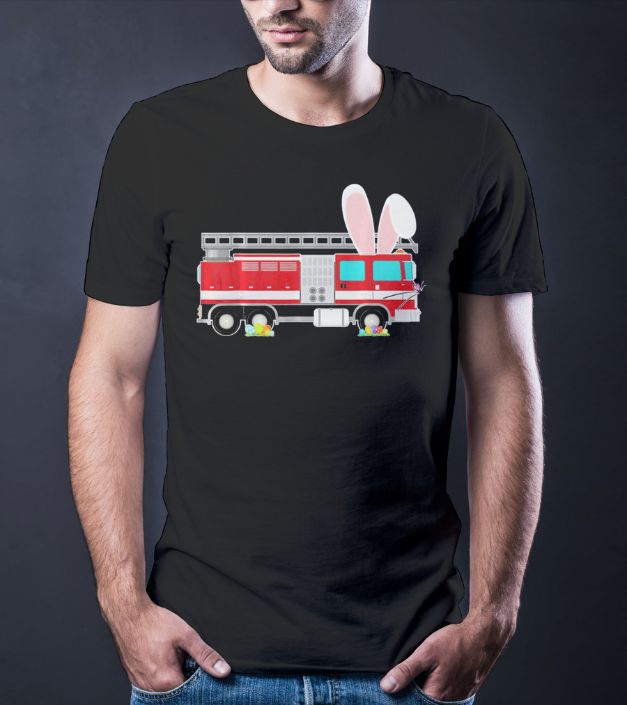 Easter Bunny Ear Fire Truck With Eggs And Carrots T-Shirt