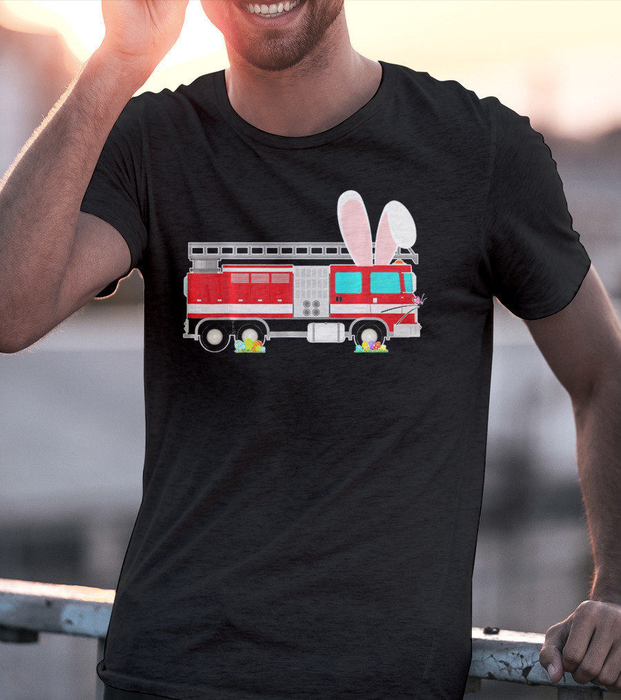 Easter Bunny Ear Fire Truck With Eggs And Carrots T-Shirt
