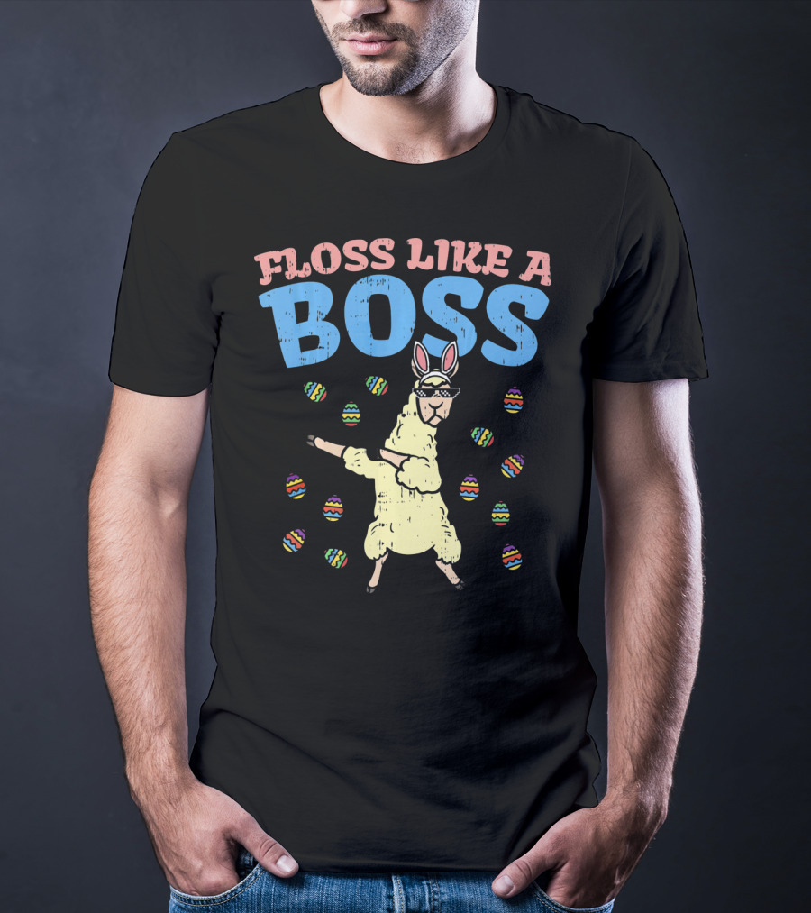 Floss Like A Boss Easter Llama Dancing With Bunny Ears And Colorful Eggs T-Shirt