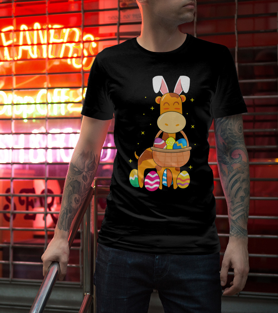 Giraffe Easter Egg Bunny Holding Basket Of Colorful Eggs And Wearing Bunny Ears T-Shirt