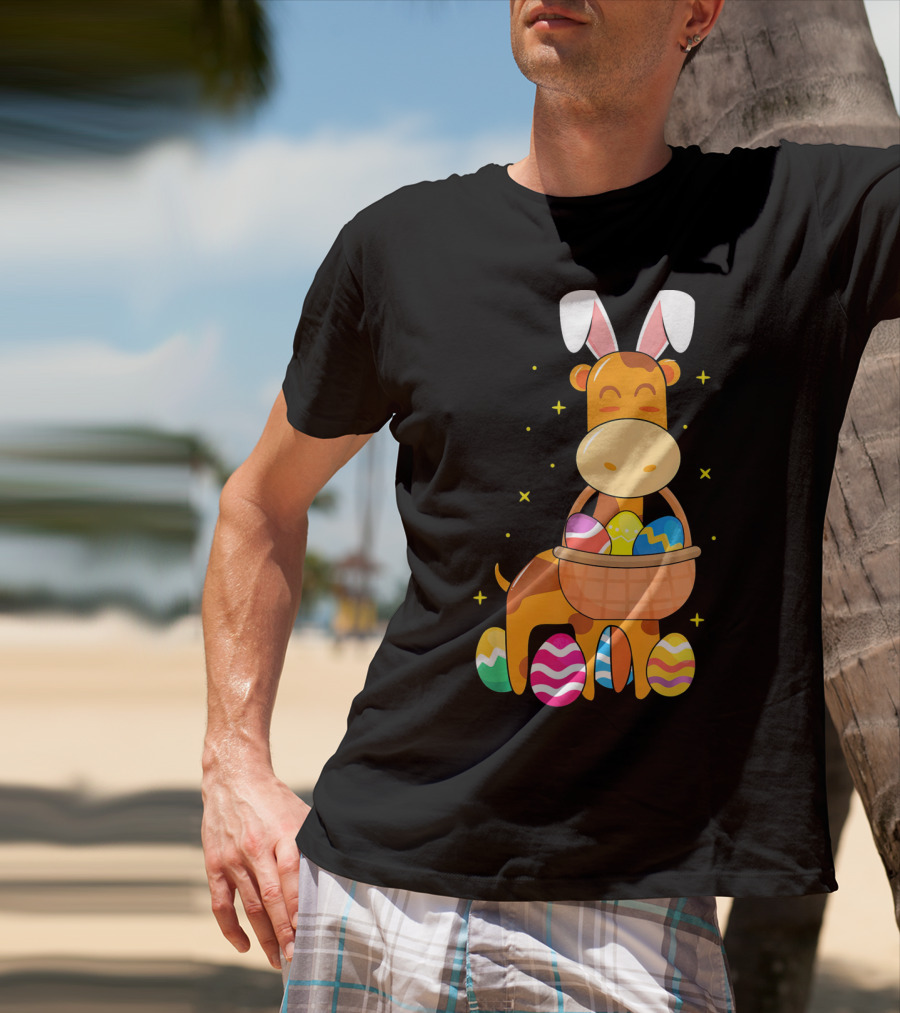 Giraffe Easter Egg Bunny Holding Basket Of Colorful Eggs And Wearing Bunny Ears T-Shirt