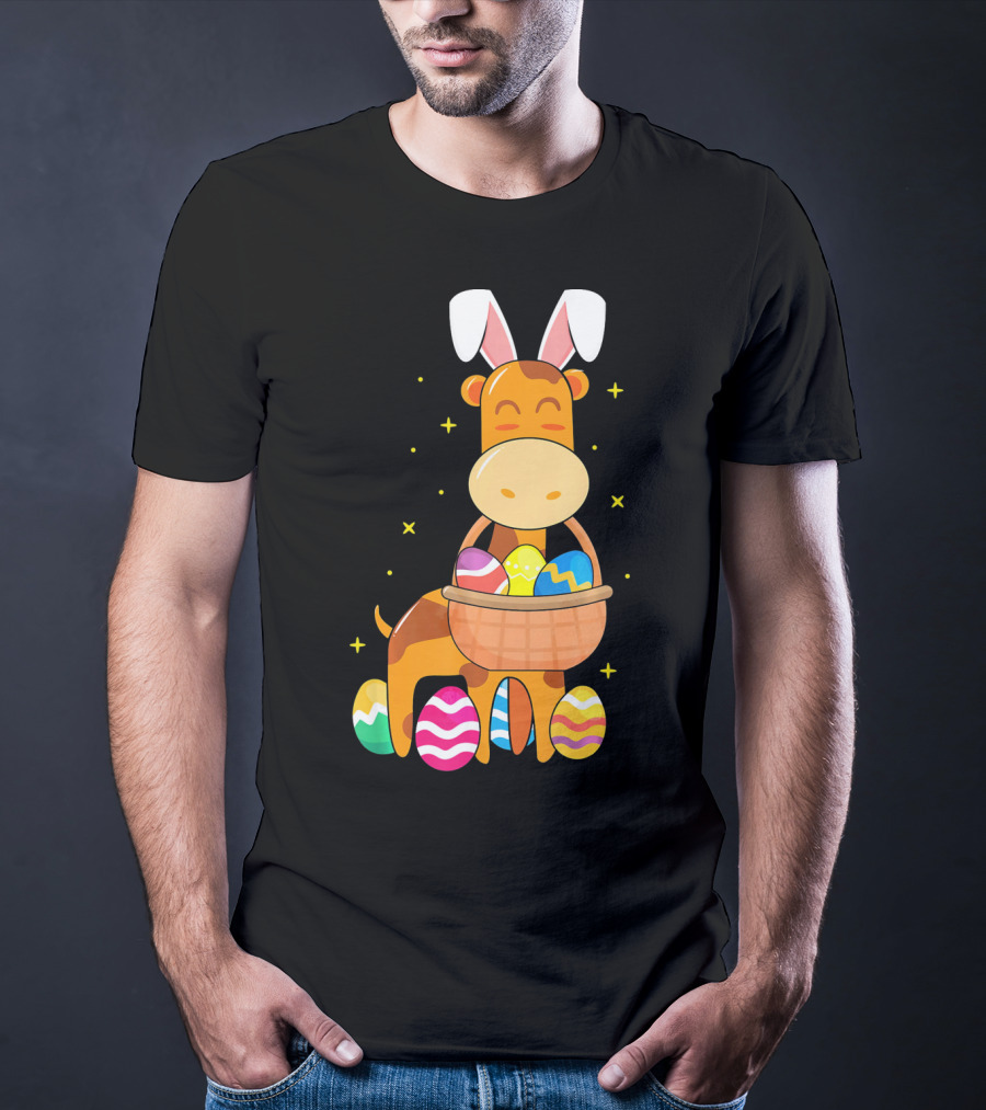 Giraffe Easter Egg Bunny Holding Basket Of Colorful Eggs And Wearing Bunny Ears T-Shirt
