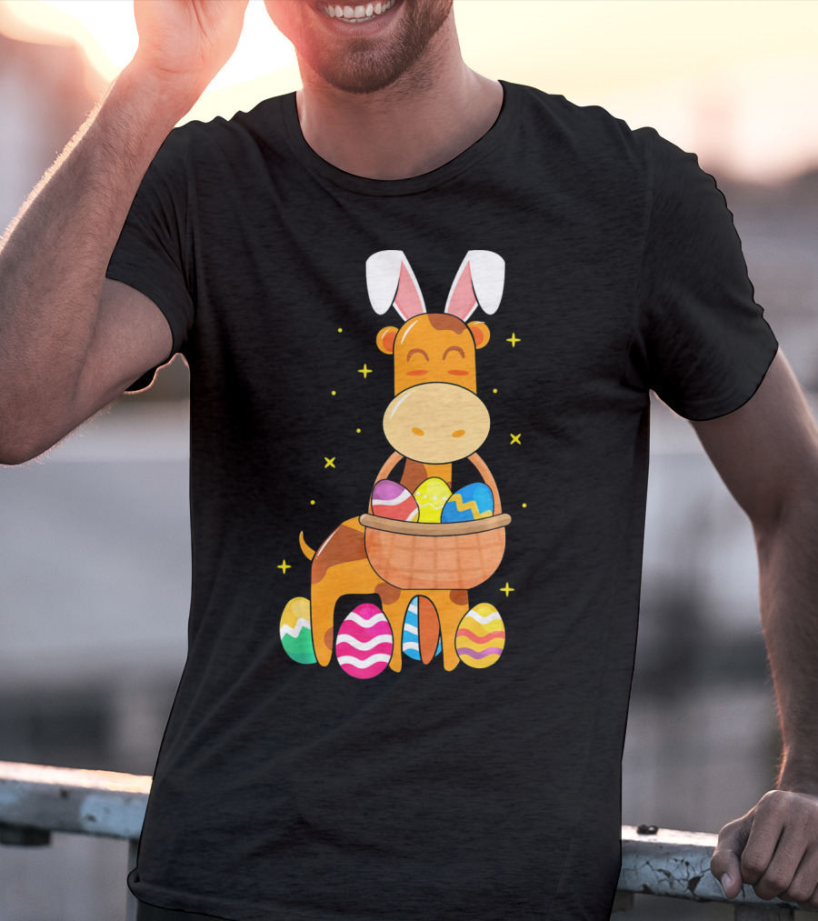 Giraffe Easter Egg Bunny Holding Basket Of Colorful Eggs And Wearing Bunny Ears T-Shirt