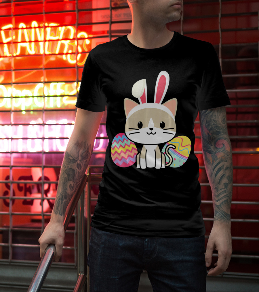 Easter Cat With Bunny Ears And Colorful Easter Eggs T-Shirt