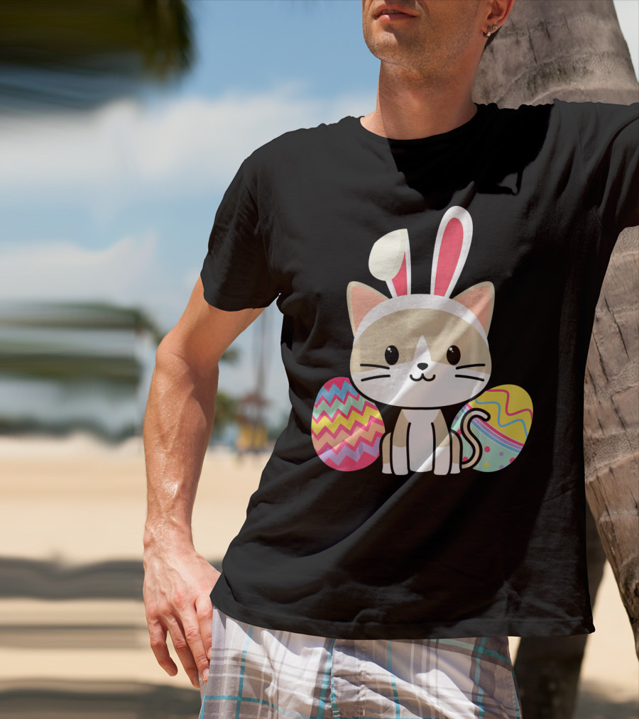 Easter Cat With Bunny Ears And Colorful Easter Eggs T-Shirt