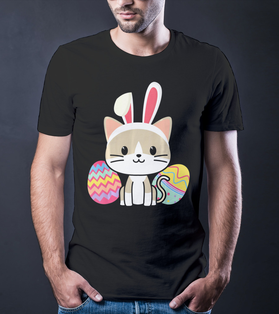 Easter Cat With Bunny Ears And Colorful Easter Eggs T-Shirt