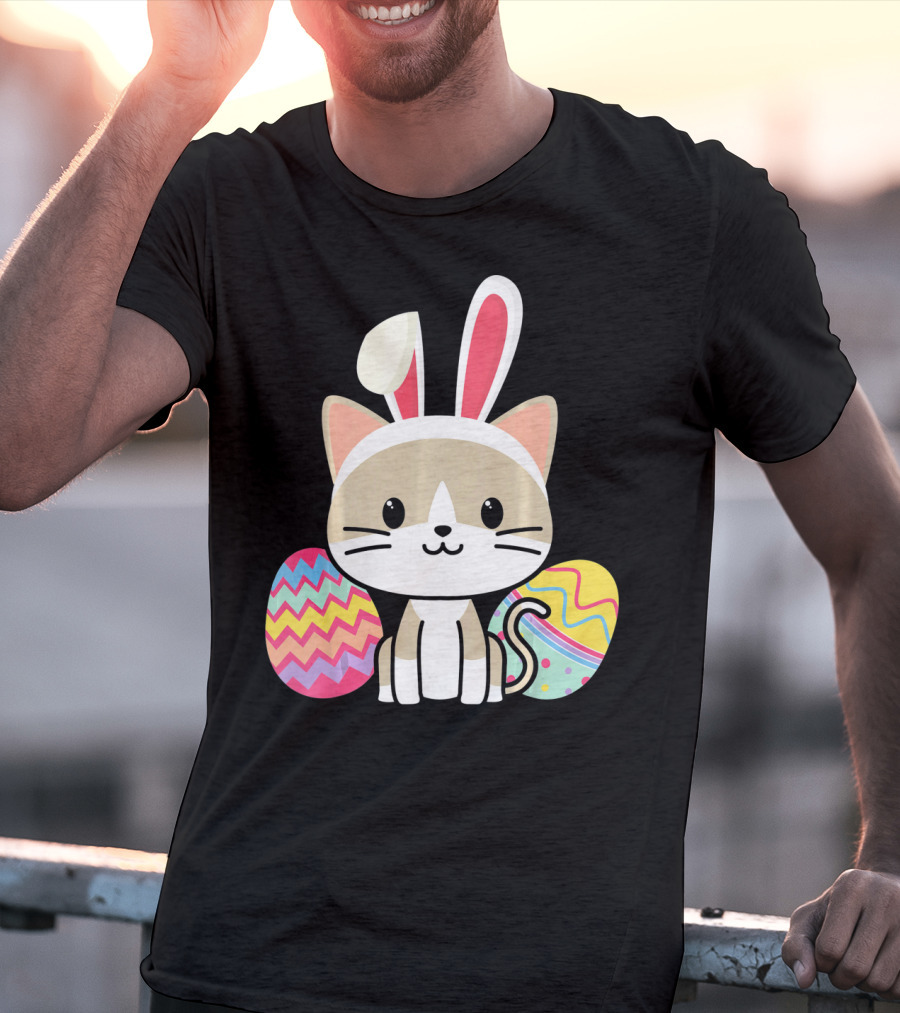 Easter Cat With Bunny Ears And Colorful Easter Eggs T-Shirt