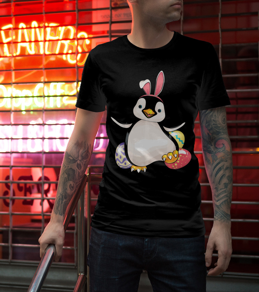 Penguin Bunny Easter With Colorful Eggs T-Shirt