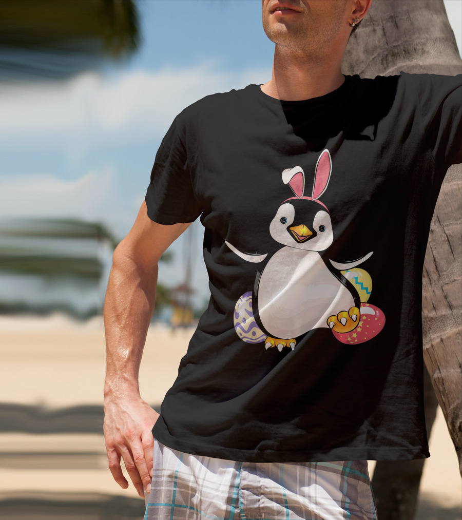 Penguin Bunny Easter With Colorful Eggs T-Shirt