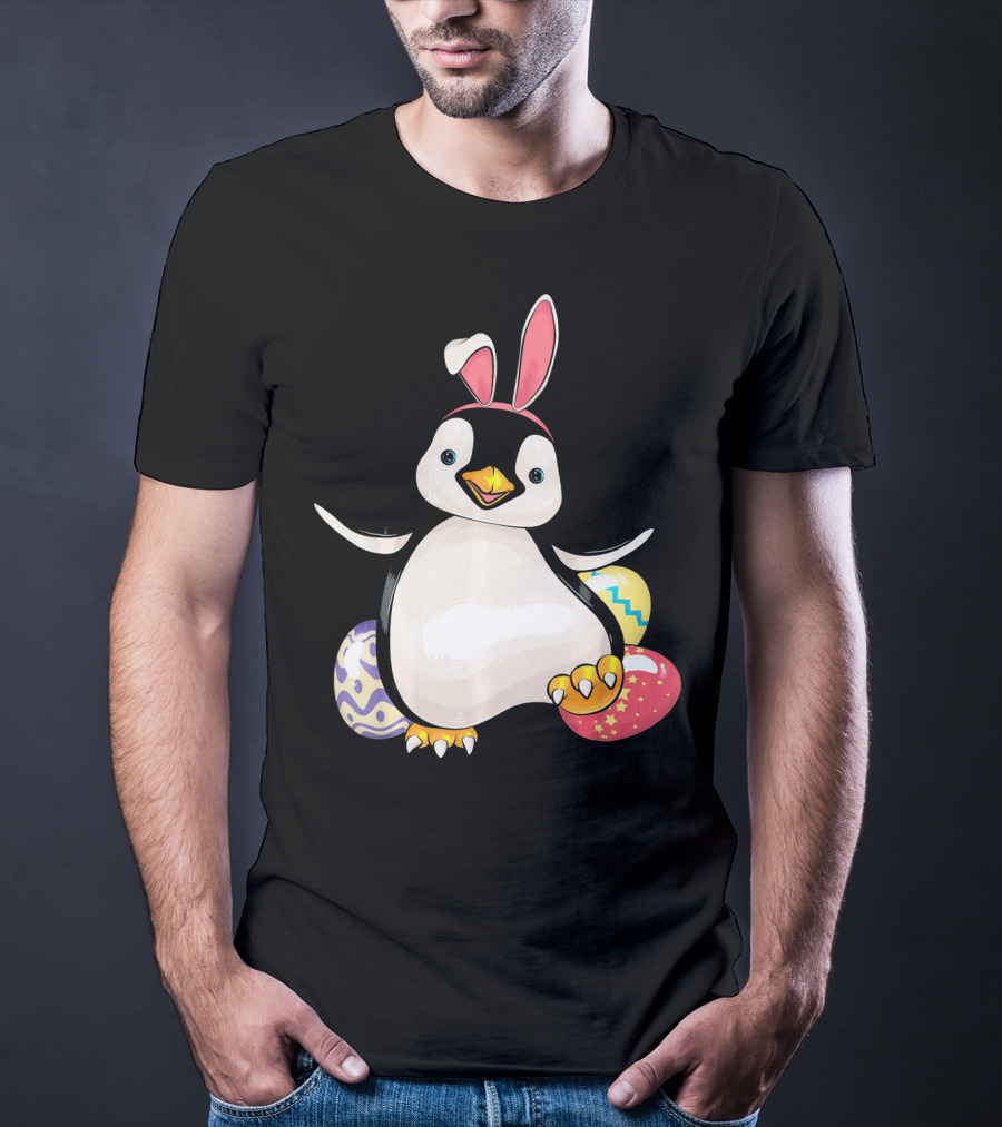 Penguin Bunny Easter With Colorful Eggs T-Shirt
