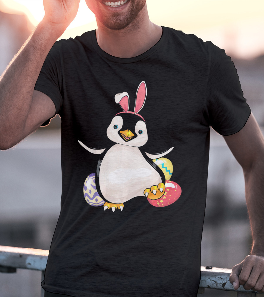 Penguin Bunny Easter With Colorful Eggs T-Shirt